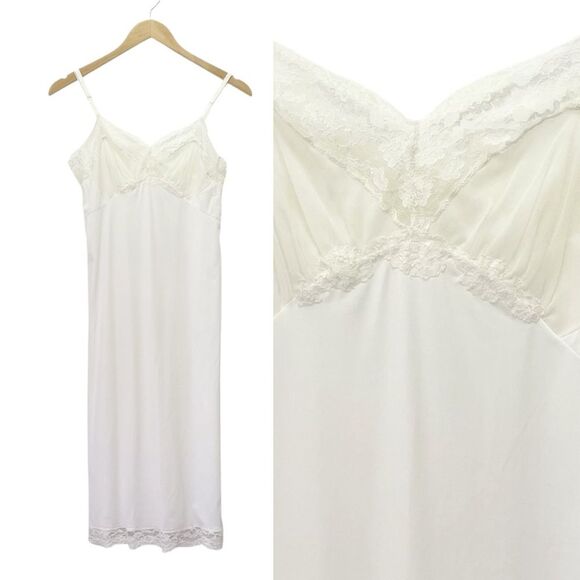 Vintage White Nylon Full Slip Lace Trim Adjustable Straps 1950s Era Lingerie - Picture 1 of 8